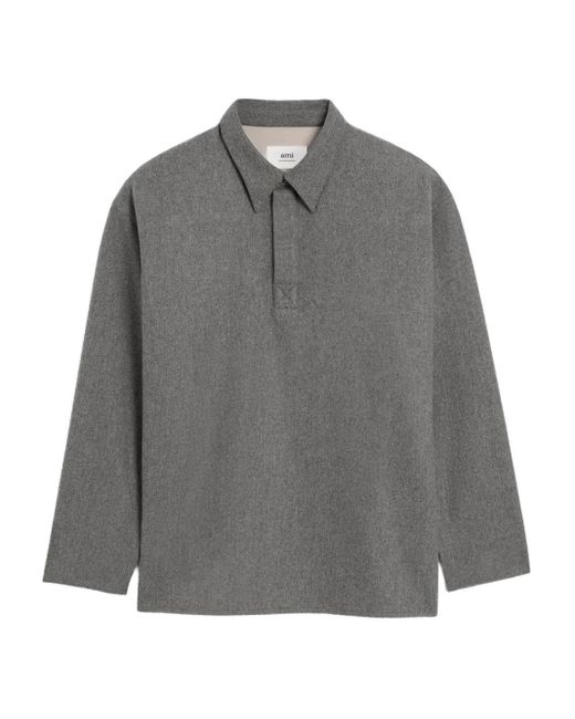 AMI Gray Long-Sleeved Wool Polo Shirt