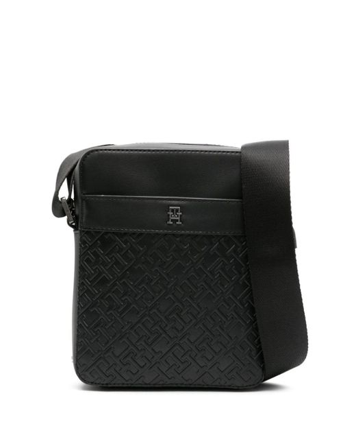 Tommy Hilfiger Black Monogram-pattern Faux-leather Bag for men