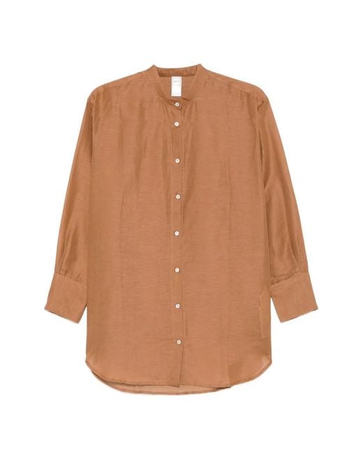 120% Lino Brown Band-Collar Long-Sleeve Shirt