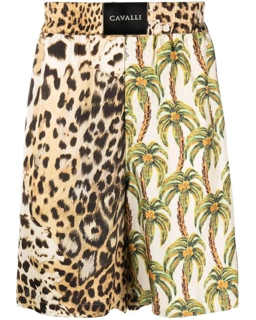 Roberto Cavalli Natural Printed Wide-Leg Shorts for men