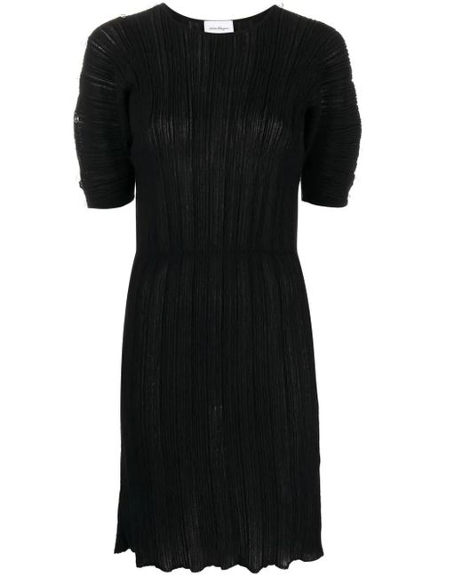 Ferragamo Black Micro-Pleated Midi Dress