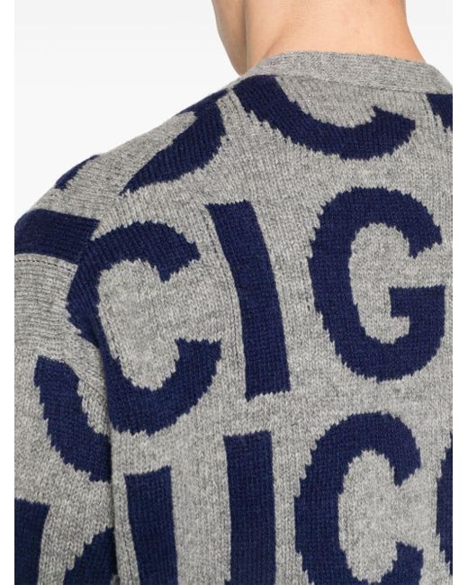 Cardigan en laine à logo intarsia Gucci pour homme en coloris Blue