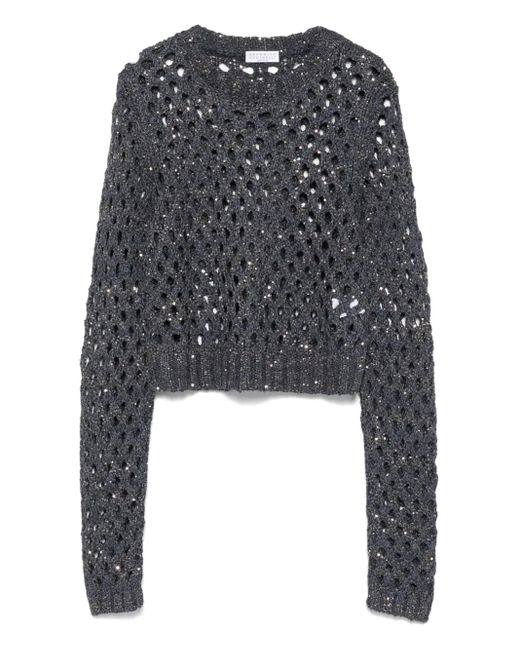 Brunello Cucinelli Black Open Strick Crewneck -Pullover