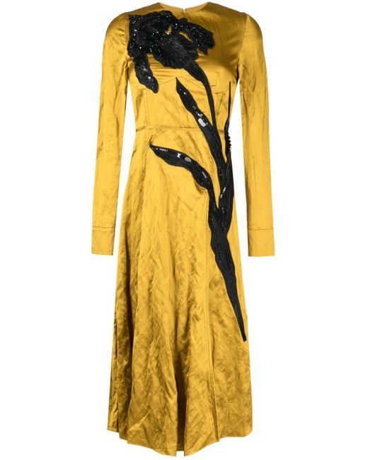Erdem Yellow Floral-appliqué Satin Midi Dress