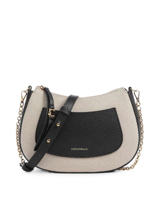 Coccinelle Black Grained-Leather Canvas Shoulder Bag