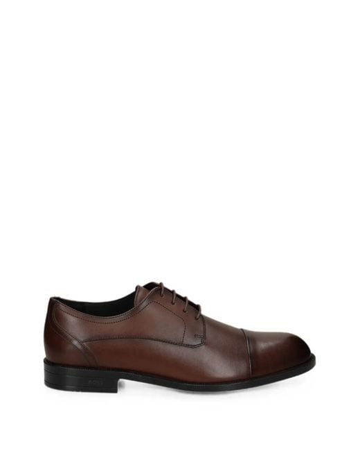 Boss Brown Leather Derby Shoes With Cap Toe for men