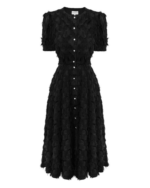 POST MERIDIEM Black Fringe Puff-Sleeve Midi Dress
