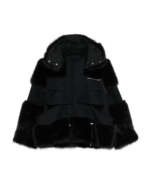 Sacai Black Kapuzenjacke mit Faux Fur