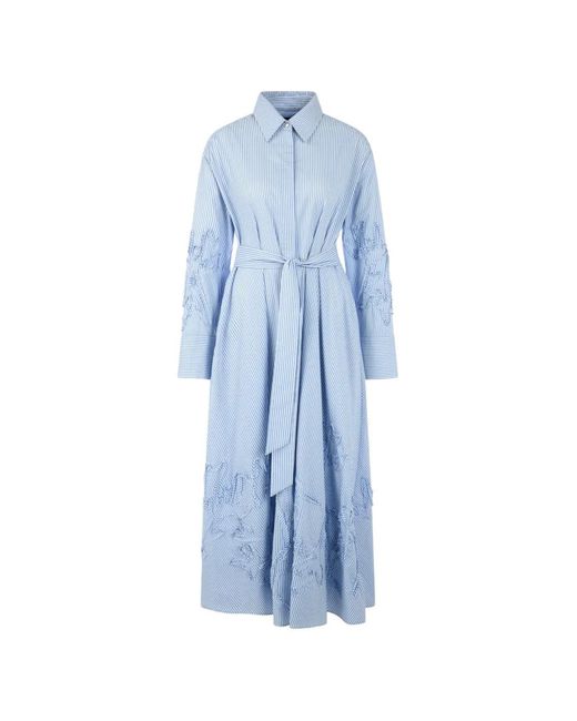 Marc Cain Blue Striped Ruffled Midi Dress