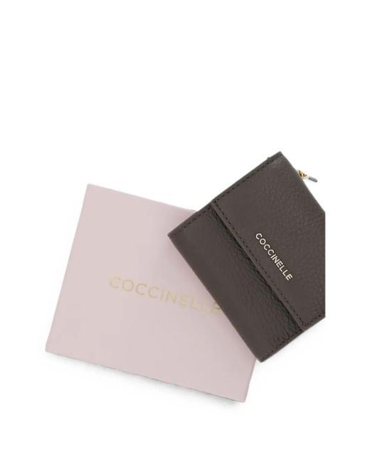 Coccinelle Gray Logo-Plaque Pebbled-Leather Wallet