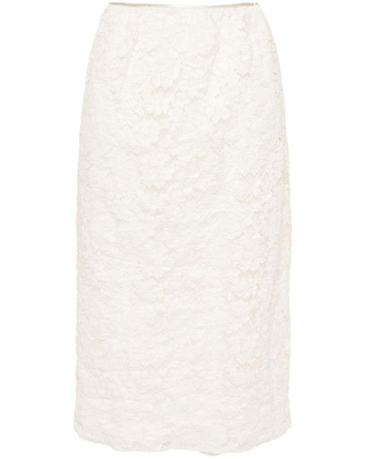 Falda midi con encaje floral Prada de color White