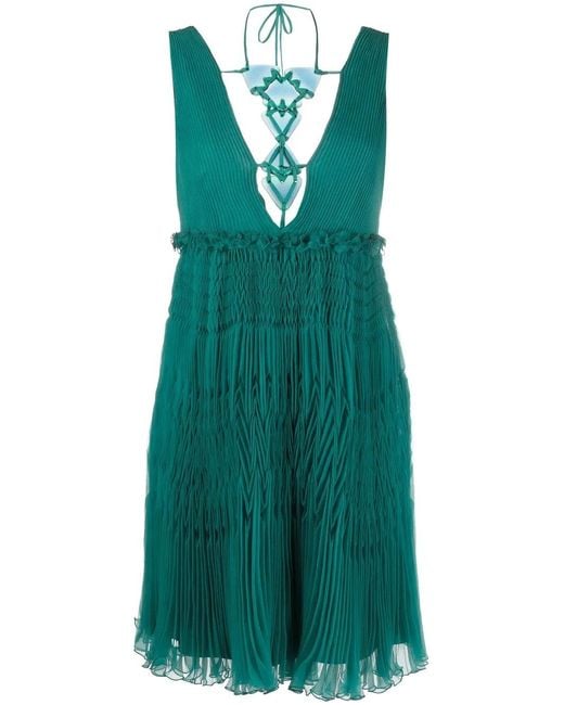 Alberta Ferretti Green V-Neck Silk Dress