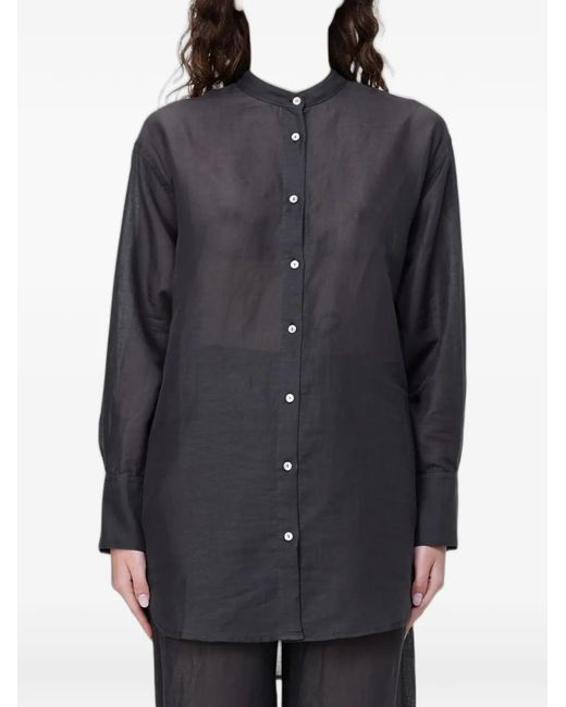120% Lino Black Mandarin-Collar Button-Down Shirt