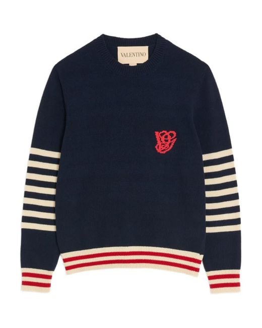 Valentino Garavani Blue Embroidery Striped Sweater for men