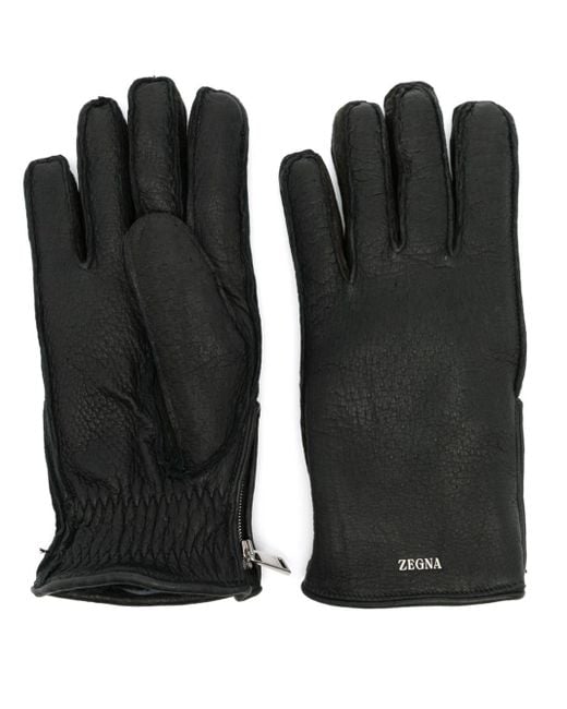 Zegna Black Logo-lettering Leather Gloves for men