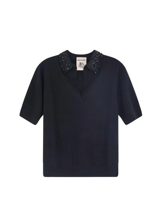 Semicouture Blue Bead-Embellished Short-Sleeve Sweater