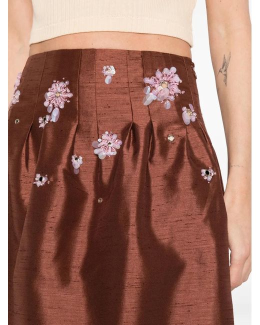 ShuShu/Tong Brown Floral-Embellished Pleated Skirt