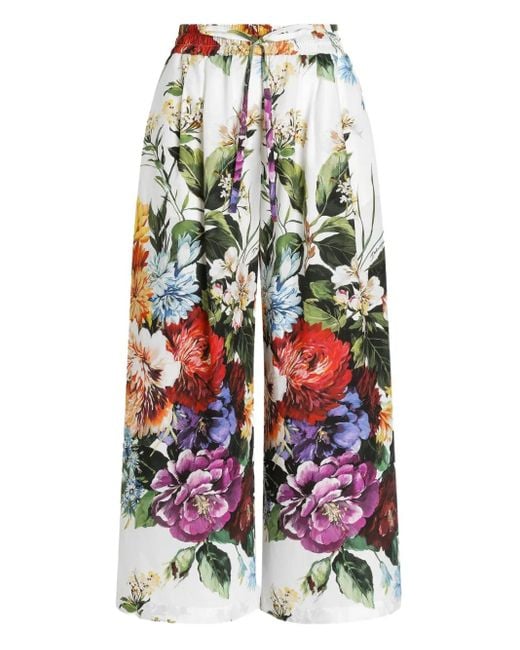 Dolce & Gabbana White Cotton Trousers With Floral Motif