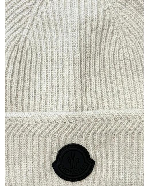 Moncler White Logo-Patch Ribbed-Knit Beanie Hat for men