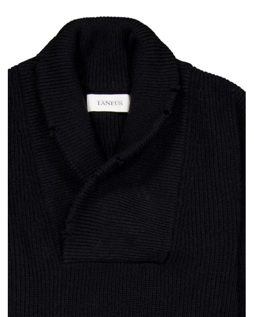 Laneus Black Shawl-Collar Frayed Sweater for men