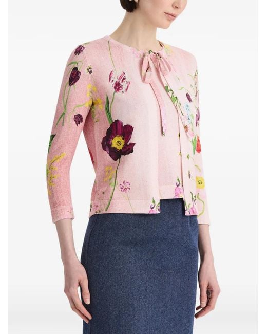Oscar de la Renta Pink Mixed-Botanical Tie-Neck Cardigan