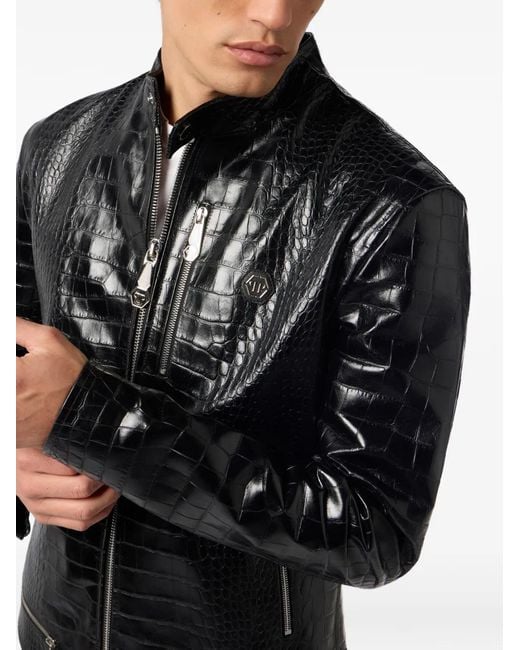 Philipp Plein Black Crocodile-Print Leather Jacket for men