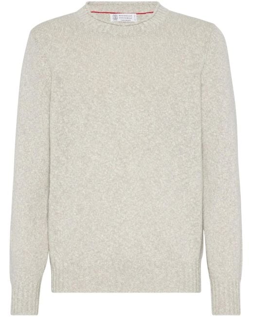 Brunello Cucinelli White Mélange Crew Neck Sweater for men