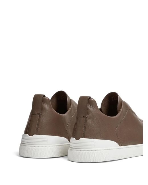 Zegna Brown Triple Stitch Secondskin Leather Sneakers for men