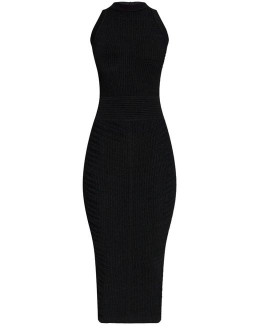 Balmain Black Ribbed Bodycon Midi Dress