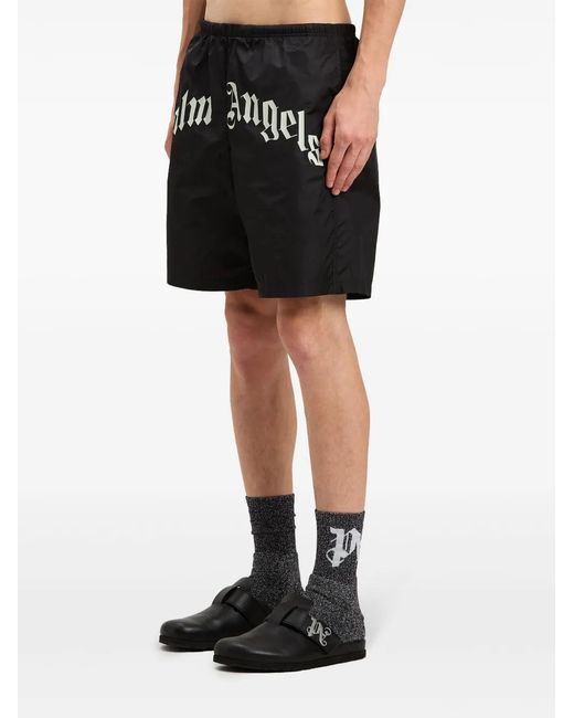 Palm Angels Black Curved-Logo Swim Shorts for men