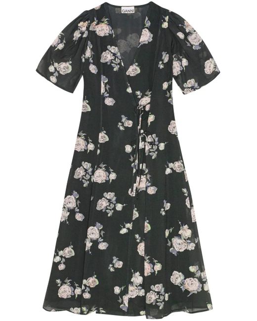 Ganni Black Floral-Print Crepe Wrap Midi Dress