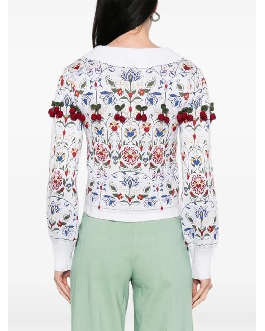 Farm Rio White Cherry-Appliqué Cardigan