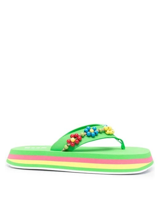 MSGM Green Bead-Embellished Flip Flops
