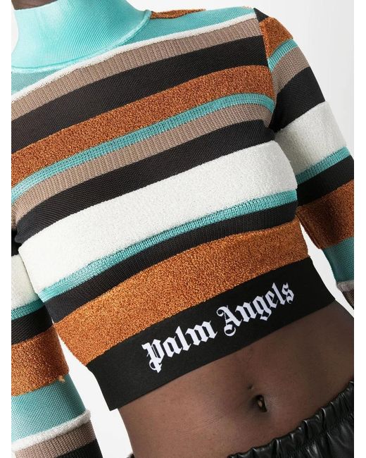 Palm Angels White Logo-Waistband Striped Turtleneck Top