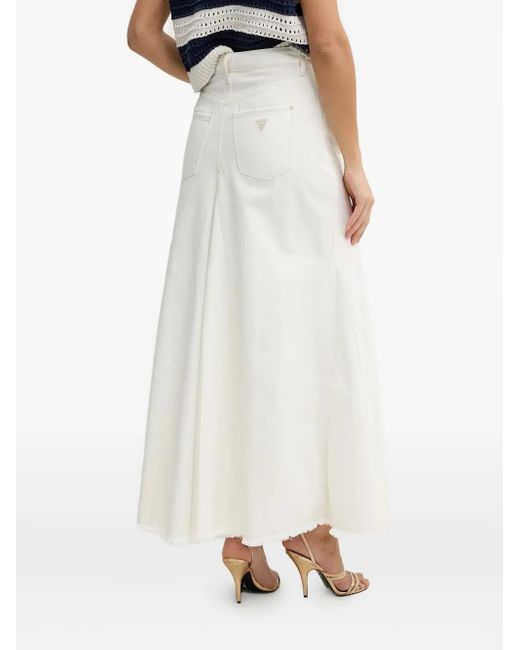 Guess White Frayed-Hem Denim Maxi Skirt
