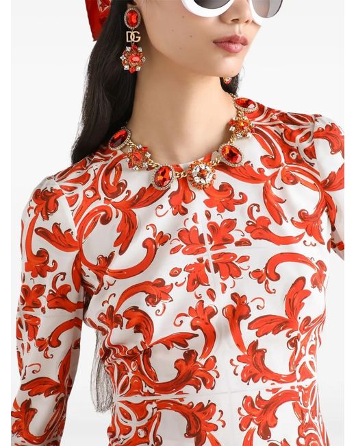 Dolce & Gabbana Red Majolica-Print Charmeuse Fitted Top