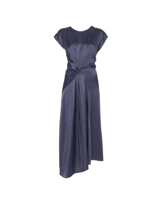 Victoria Beckham Blue Aria Dark Ocean Crepe Back Satin Asymmetric Midi Dress With Twisted Detail