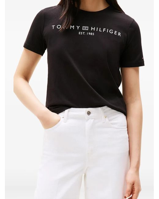 Tommy Hilfiger Black Embroidered-Logo Cotton T-Shirt