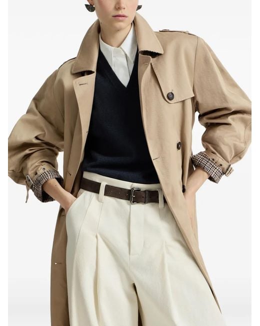 Brunello Cucinelli Natural Cotton And Linen Twill Trench With Monili