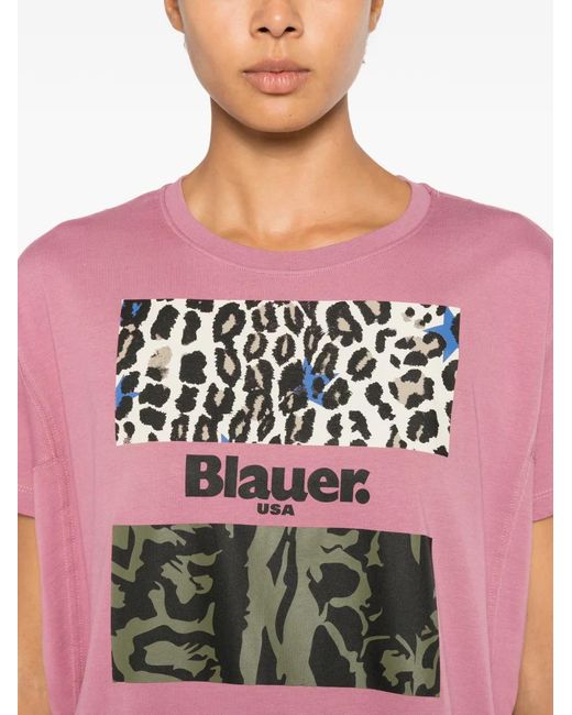Blauer Pink Logo-Print Leopard-Pattern T-Shirt