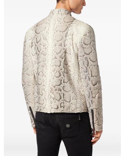 Philipp Plein White Python-Leather Moto Jacket for men