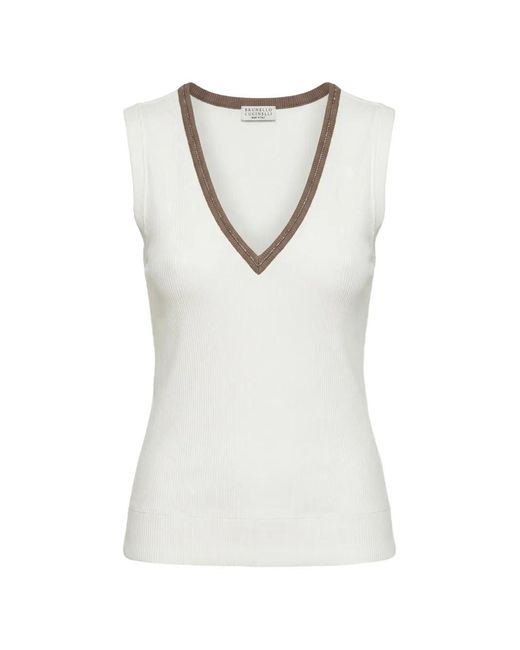 Brunello Cucinelli White Haut En Maille À Design Côtelé