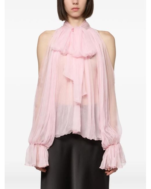 Atu Body Couture Pink Cold-Shoulder Pussy-Bow Blouse