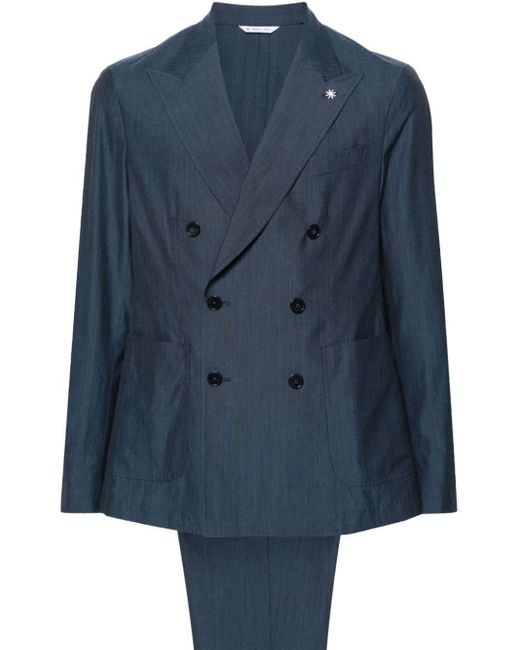 Manuel Ritz Blue Logo-brooch Double-breasted Suit for men