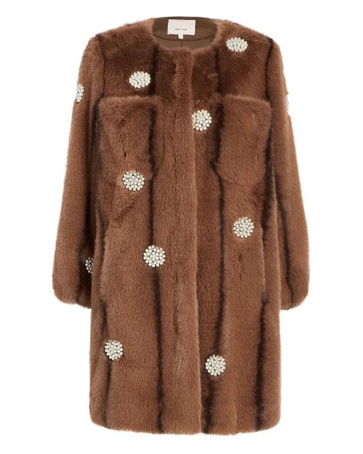 Cinq À Sept Brown Pearl-Embellished Faux-Fur Coat