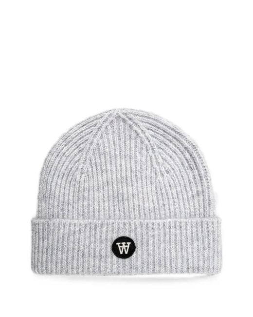 WOOD WOOD White Ribbed-Knit Logo-Patch Beanie Hat