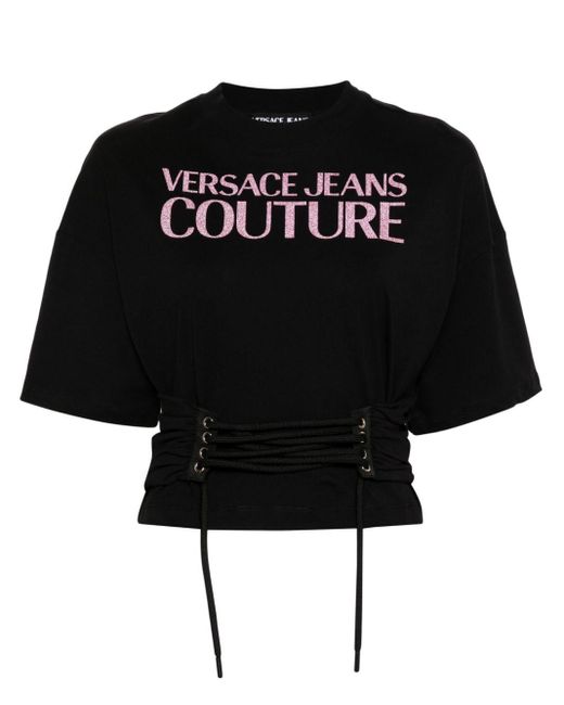 Versace Black Glittered-logo Lace-up T-shirt