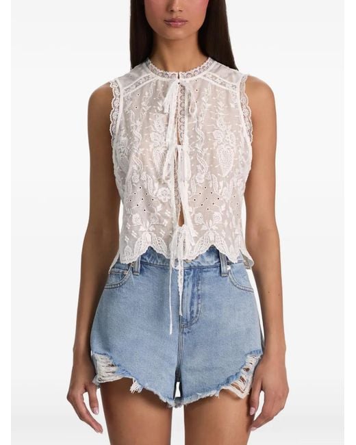 Alice + Olivia White Amal Embroidered Tie-Front Tank Top