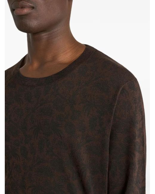 Etro Brown Wool And Silk Sweater With Floral Paisley-Motif for men