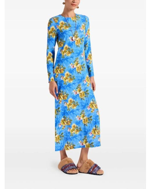 LaDoubleJ Blue Long-Sleeve Floral-Print Maxi Dress